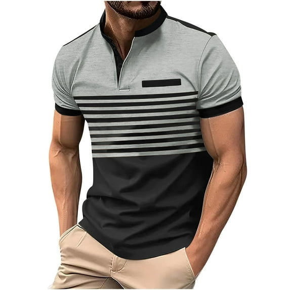 WREESH Men's Striped Henley Shirts Casual Short Sleeve Shirt with Button Front and Turndown Collar Striped Top for Versatile Style Gray