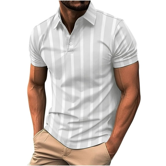 WREESH Men's Striped Henley Shirts Casual Stripe Printed Button Short Sleeve Turndown Collar Shirt a Trendy Casual Top Gray
