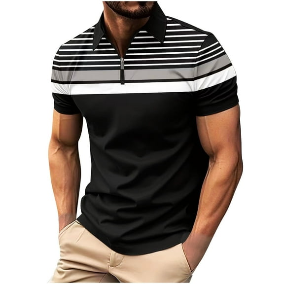 WREESH Men's Striped Henley Shirts Casual T-Shirt with Turndown Collar, Short Sleeves, and Striped Pattern for a Trendy Black