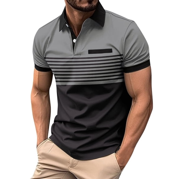 WREESH Men's Striped Sports Henley Shirts Fallow Button Turn-Down Collar Short Sleeve Top a Classic Striped Shirt for Athletic Wear Gray
