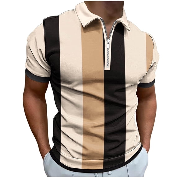 WREESH Men's Striped Zipper Short Sleeve Lapel Printed T-Shirt Loose Top Henley Shirts Yellow