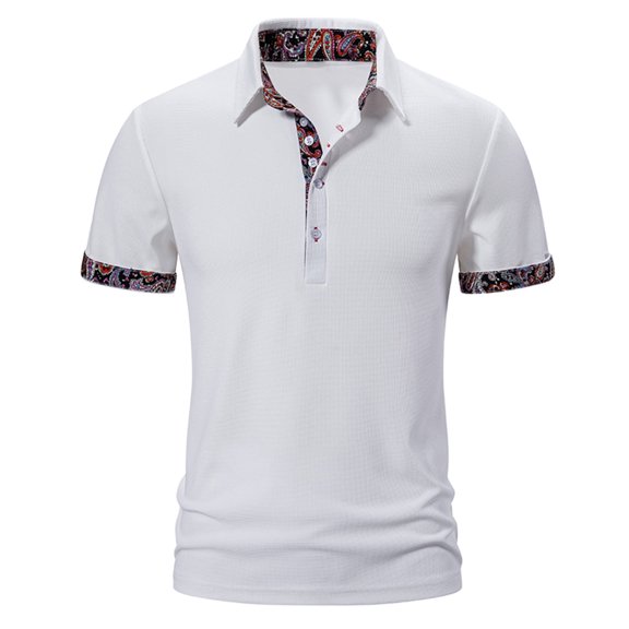 WREESH Men's Stylish Henley in Patchwork Print with Button Turn-Down Collar, Men's Paisley Patchwork Pullover Short Sleeve Top White
