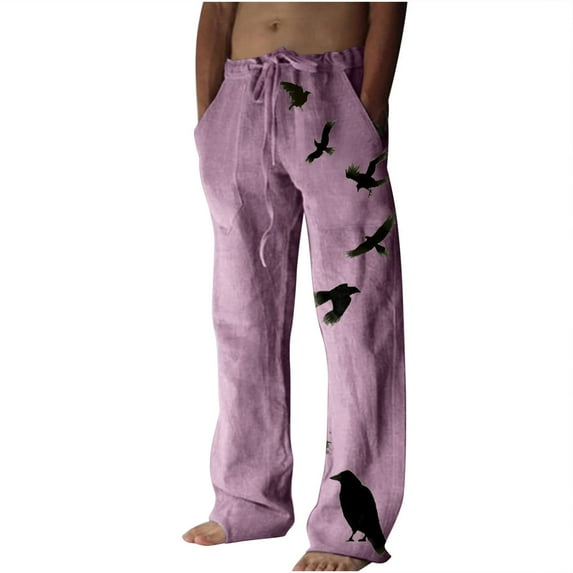 WREESH Men's Summer Beach Pants Cotton Linen Wide Leg Pants Printed Drawstring Sports Pants Casual Pants Purple