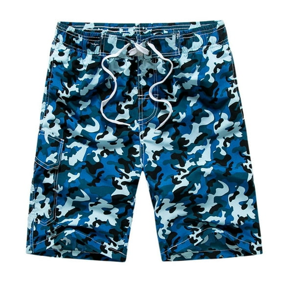 WREESH Men's Summer Beach Shorts Loose Swim Trunks Fashion Camouflage Print Swim Shorts Elastic Waistband Drawstring Shorts Casual Sports Shorts Blue