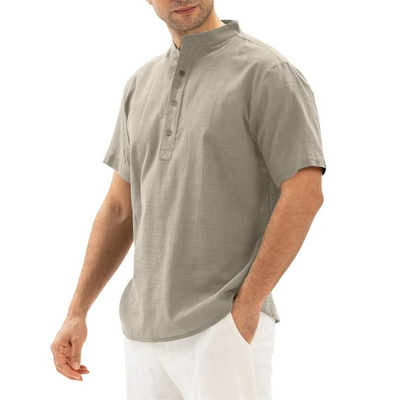 WREESH Men's Summer Button Down Shirt Cotton Linen Solid Color Casual Short Sleeve Shirt Gray
