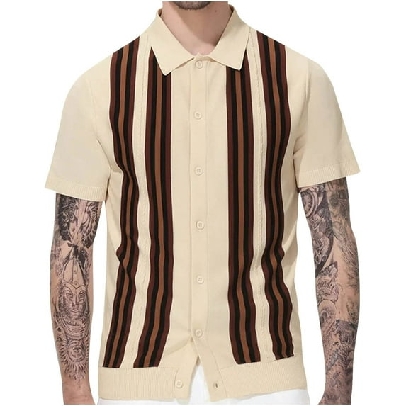 WREESH Men's Summer Button Down Shirts Short Knitted Loose Casual Outdoor Striped Shirts for Men's Stylish Short Sleeve Tops Beige