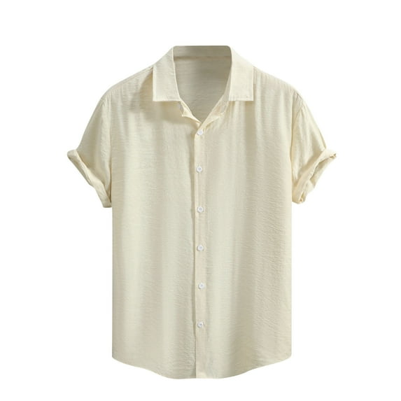 WREESH Men's Summer Casual Button Down Shirts Beach Shirt with Short Sleeve Turndown Collar, Pocketless Solid Color Top Yellow
