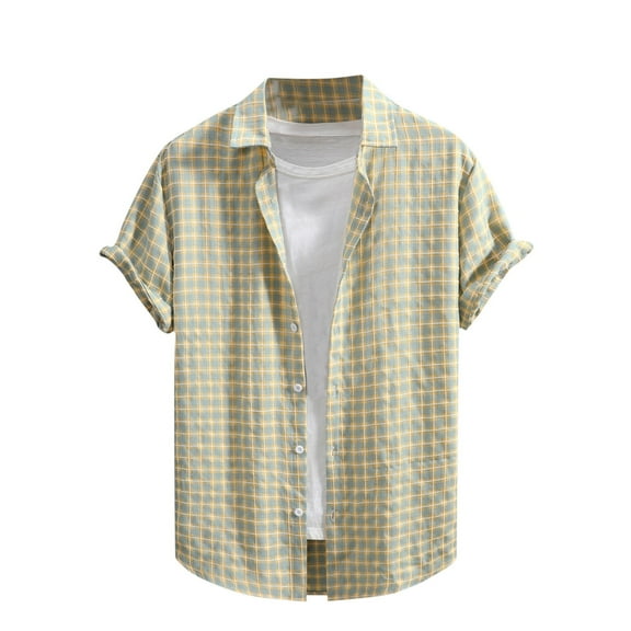 WREESH Men's Summer Casual Button Down Shirts Short Sleeve Turndown Collar Shirts with Solid Color for Men's Pocketless Tops Yellow