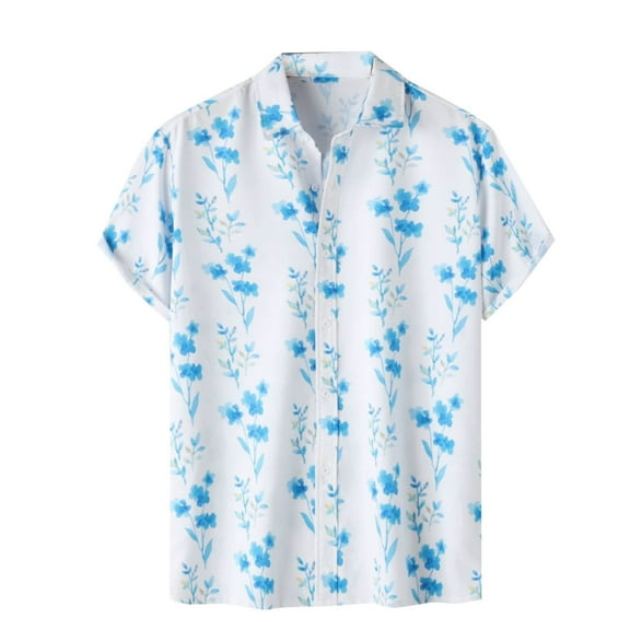 WREESH Men's Summer Casual Button Down Shirts with Flowers Printing Short Sleeve Beach Shirts Turndown Collar Floral Shirts Light Blue