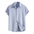 thumbnail image 1 of WREESH Men's Summer Casual Cotton Linen Solid Turndown Short Sleeve Button Up Shirt Hawaii Shirt Blue, 1 of 4