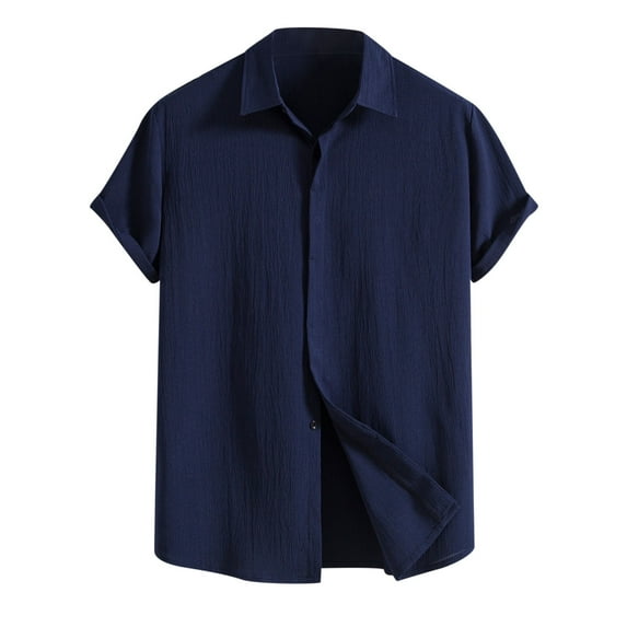 WREESH Men's Summer Casual Cotton Linen Solid Turndown Short Sleeve Button Up Shirt Hawaii Shirt Dark Blue