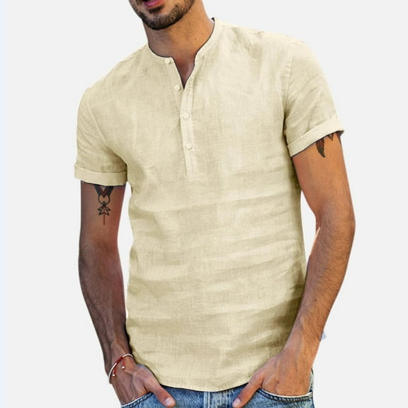 WREESH Men's Summer Casual Henley Shirt Loose Cotton and Linen Solid T-Shirt Short Sleeve V-Neck Tops Khaki
