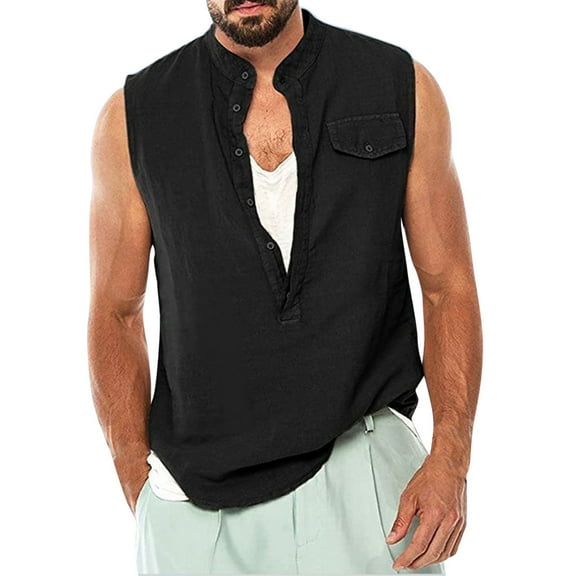 WREESH Men's Summer Cotton Linen Shirts Casual Sleeveless Henley Shirts Lightweight Beach Tank Tops with Pocket Black