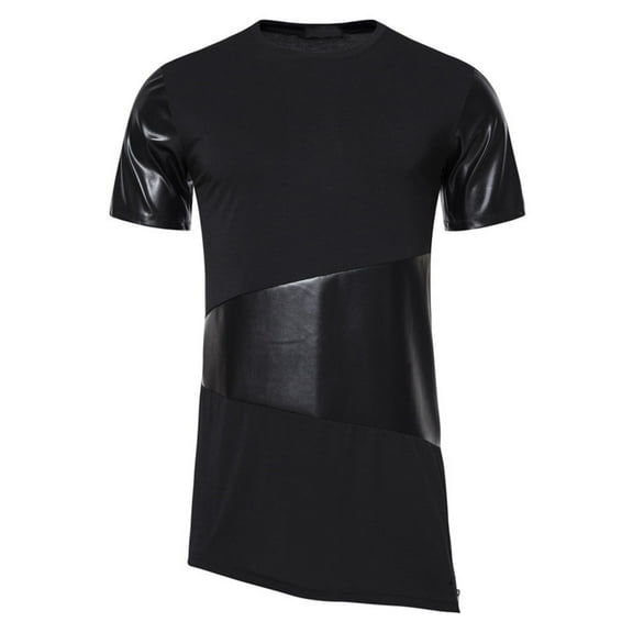 WREESH Men's Summer Fashion T-Shirts Leather Patchwork Short Sleeved Round Neck Loose Tops Black
