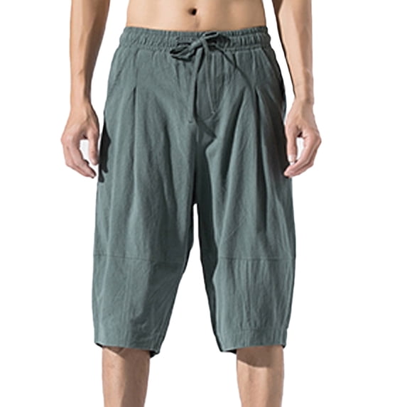 WREESH Men's Summer Shorts Solid Fashion Elasticated Waist Cotton Linen Wide Leg Shorts Bloomers Hot Shorts Green