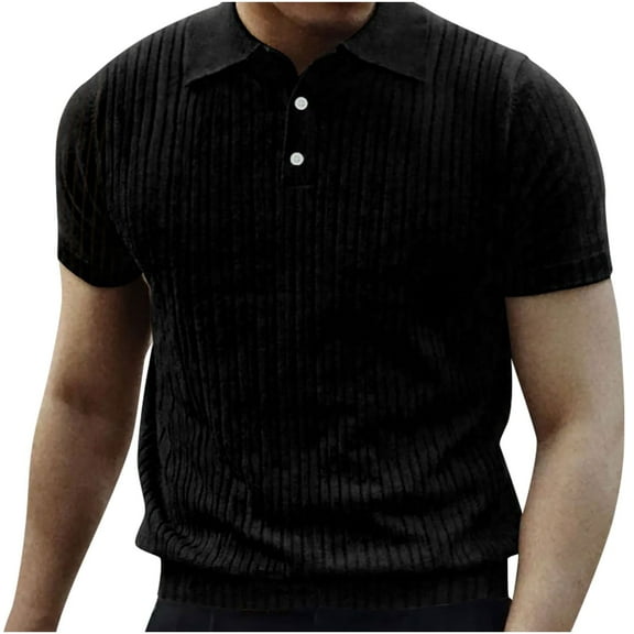 WREESH Men's Summer Solid Button Loose Knitted Short Sleeve Top for Casual Style Black