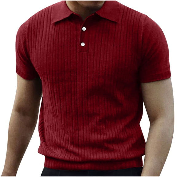 WREESH Men's Summer Solid Button Loose Knitted Short Sleeve Top for Casual Style Red