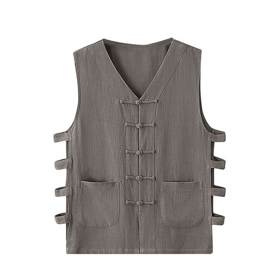 WREESH Men's Summer Waistcoat Summer Casual Waistcoat Vintage Kung Fu Shirt Solid Cotton Linen Sleeveless Vest Jacket Gray