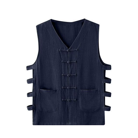 WREESH Men's Summer Waistcoat Summer Casual Waistcoat Vintage Kung Fu Shirt Solid Cotton Linen Sleeveless Vest Jacket Navy