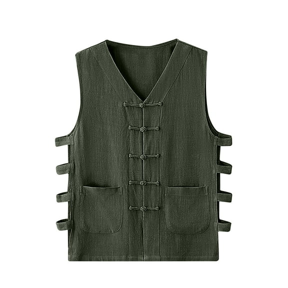WREESH Men's Summer Waistcoat Summer Casual Waistcoat Vintage Kung Fu Shirt Solid Cotton Linen Sleeveless Vest Jacket Olive Green