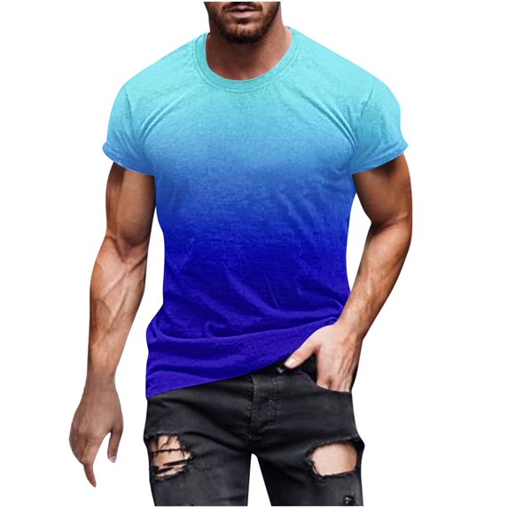 WREESH Men's Summer Workout T-Shirt Round Neck Short Sleeve with Gradient Print Blue