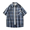 thumbnail image 1 of WREESH Men's Swaeshig Loose Casual Button Down Shirts Plaid Turn-Down Collar Short Sleeve with Pockets for Trendsetting Style Blue, 1 of 7