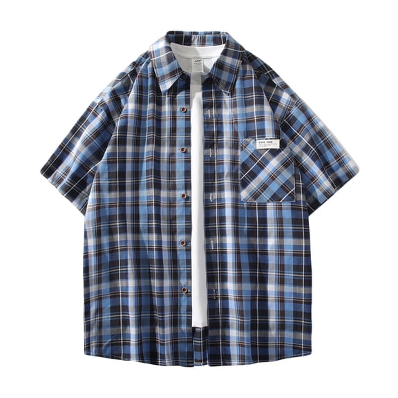 WREESH Men's Swaeshig Loose Casual Button Down Shirts Plaid Turn-Down Collar Short Sleeve with Pockets for Trendsetting Style Blue