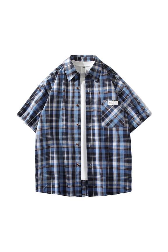 Men's Swaeshig Loose Casual Button Down Shirts Plaid Turn-Down Collar Short Sleeve with Pockets for Trendsetting Style Blue