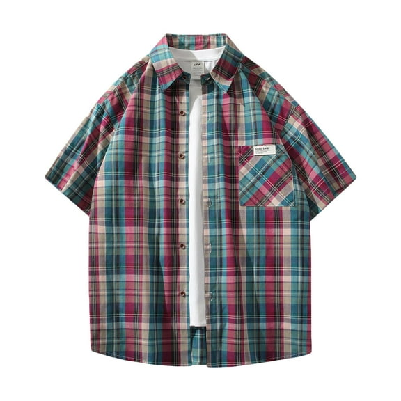 WREESH Men's Swaeshig Loose Casual Button Down Shirts Plaid Turn-Down Collar Short Sleeve with Pockets for Trendsetting Style Wine