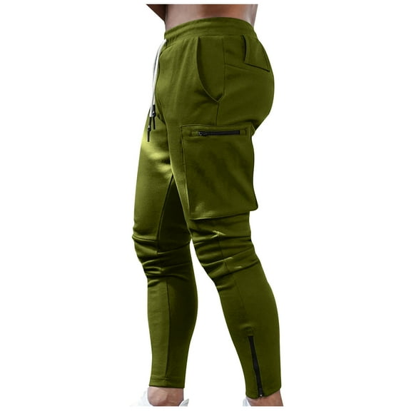 WREESH Men's Sweatpants Fashion Drawstring Elastic Waist Multi-Pocket Casual Length Pants Olive Green