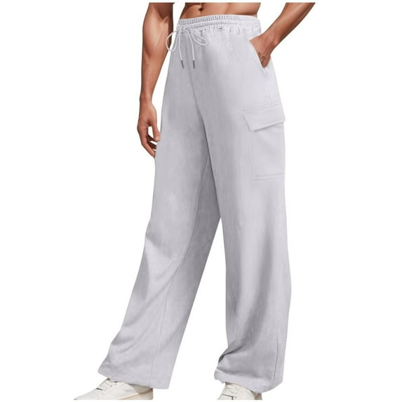 WREESH Men's Cargo Pants Sweatpants Heavy Solid Color Straight Wide Leg Pants Casual Sports Pants White