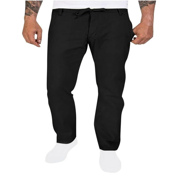 WREESH Men's Sweatpants Linen Drawstring Pocket Elastic Belt Straight Solid Pants Black