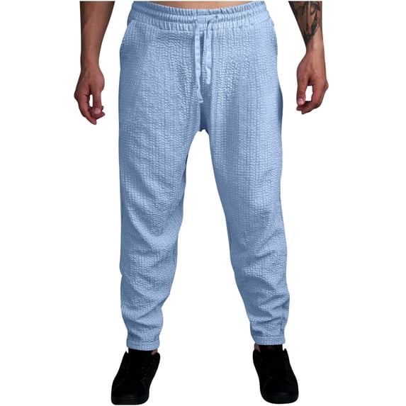 WREESH Men's Sweatpants Solid Color Sport Loose Pleated Small Legs Lace-Up Solid Color Full Length Pants Light Blue