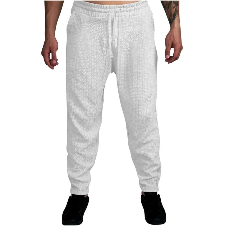 WREESH Men s Sweatpants Solid Color Sport Loose Pleated Small Legs Lace Up Solid Color Full Length Pants White Walmart