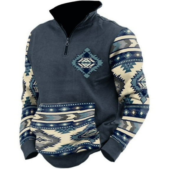 WREESH Men's Sweatshirts Quarter Zip Vintage Pattern Western Sweatshirt Long Sleeve Half Zip Pullover with Pockets Long Sleeve Lapel Top Shirt Navy