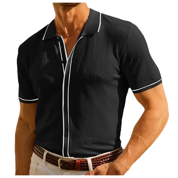 WREESH Men's Trendy Button Down Shirts Short Sleeve, Turn-Down Collar, Knitted Thin Shirt with Solid Print, Perfect for Casual Wear Black