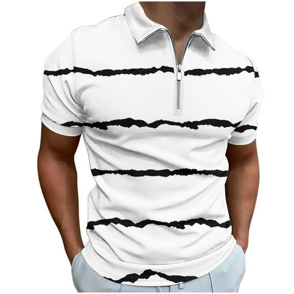 WREESH Men's Trendy Casual Henley Shirts Striped Short Sleeve Turn Down Collar Zipper Printed Top White