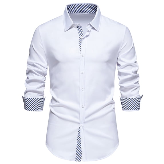 WREESH Men's Trendy Dress Button Down Shirts Casual Patchwork Long Sleeve with Turn-Down Collar, Striped and Triangular Collar Color Blocking for a Stylish Statement White