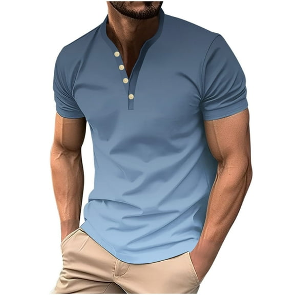 WREESH Men's Trendy Gradient Print Henley Shirt - Bold Color , Short Sleeve Casual Tee for Parties, Dates & Night Out