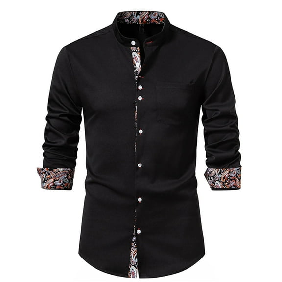 WREESH Men's Trendy Stand Collar Dress Shirts Casual Button Down Long Sleeve Solid Color Shirts Black