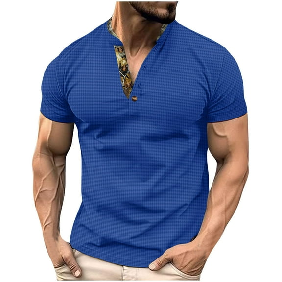 WREESH Men's V-Neck Henley Shirts Casual Basic Short Sleeve T-Shirt with Button Front, Stand Collar for Versatility Blue