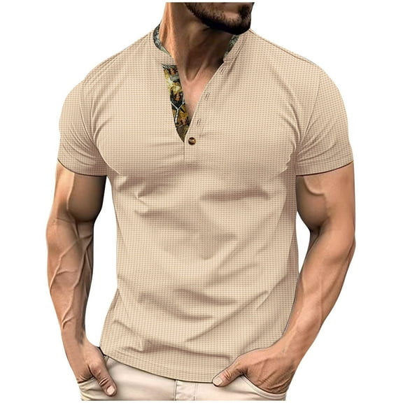 WREESH Men's V-Neck Henley Shirts Casual Basic Short Sleeve T-Shirt with Button Front, Stand Collar for Versatility Khaki