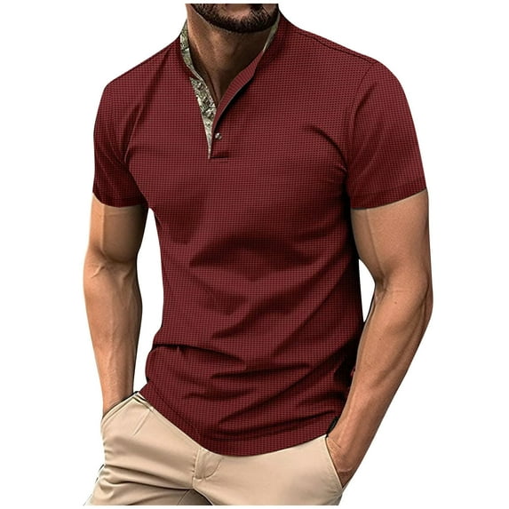 WREESH Men's V-Neck Henley Shirts Casual Basic Short Sleeve T-Shirt with Button Front, Stand Collar for Versatility Wine