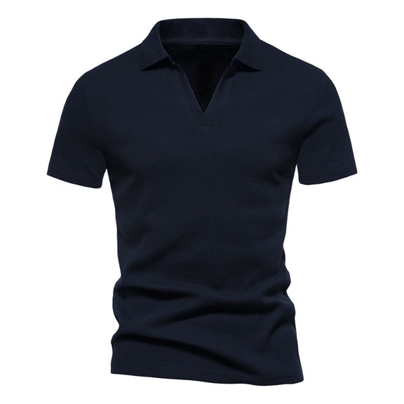 WREESH Men's V-Neck Turndown Collar Shirt Fashion Solid Color Short Sleeve Workout T-Shirt for Summer Navy