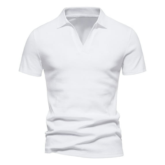 WREESH Men's V-Neck Turndown Collar Shirt Fashion Solid Color Short Sleeve Workout T-Shirt for Summer White