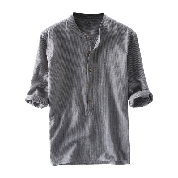 WREESH Men's Vintage 1/2 Sleeve Linen Shirts Stripe Button Shirts Casual Stand Collar Henley Shirt Tops Black