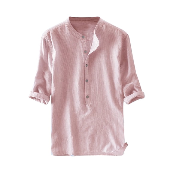 WREESH Men's Vintage 1/2 Sleeve Linen Shirts Stripe Button Shirts Casual Stand Collar Henley Shirt Tops Pink