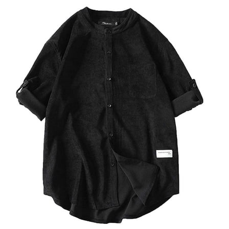 WREESH Men's Vintage Button Down Shirts Lace-Up Short Sleeve Patchwork T-Shirt Top with Stand-Up Collar for Retro Style Black