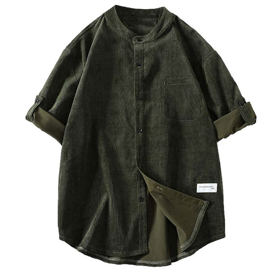 WREESH Men's Vintage Button Down Shirts Lace-Up Short Sleeve Patchwork T-Shirt Top with Stand-Up Collar for Retro Style Olive Green