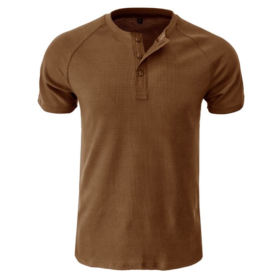 WREESH Men's Waffle Knit Henley Shirt Casual Solid Fashion Pullover, Short Sleeve Tops Khaki